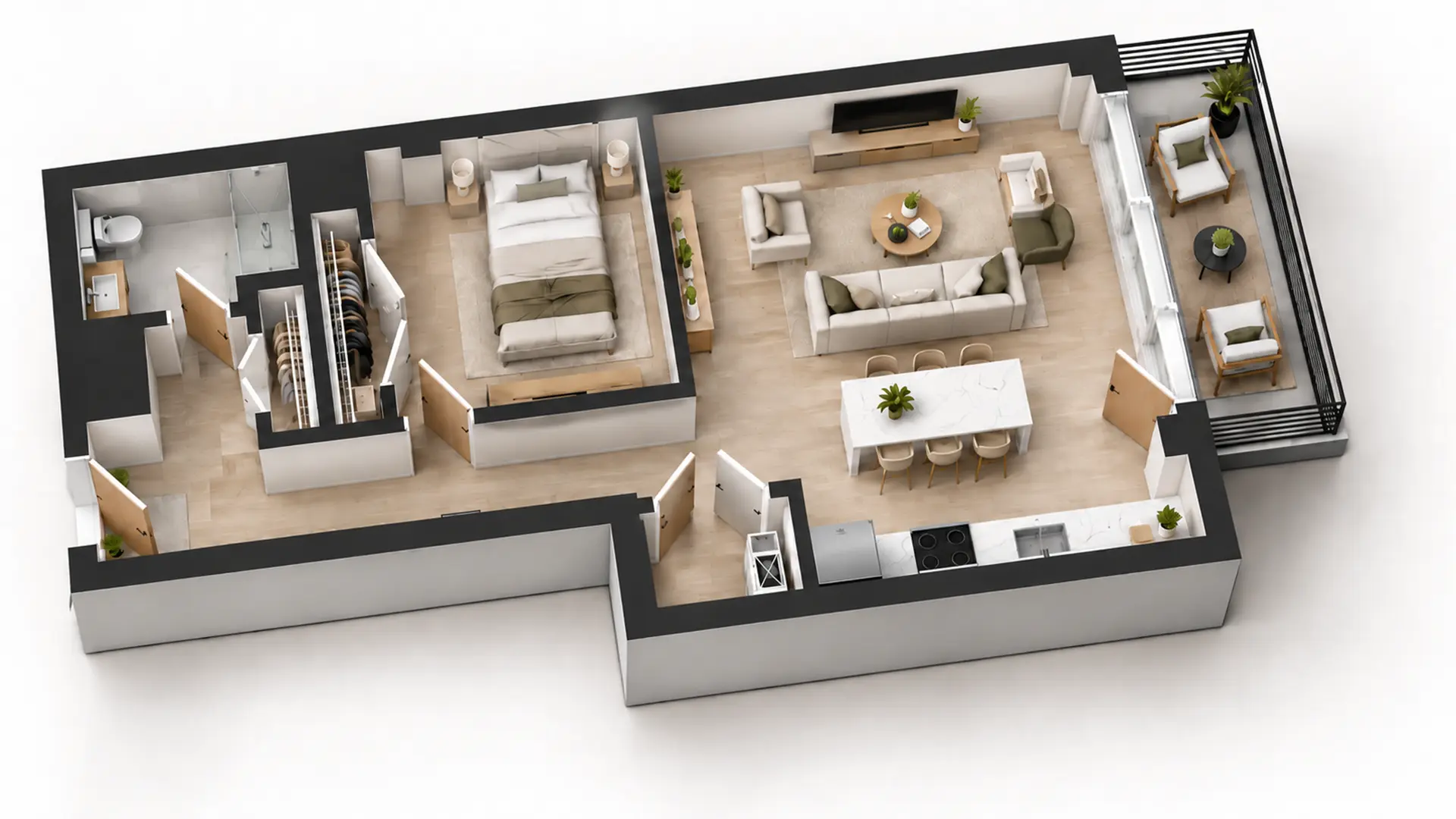 3D isometric floor plan layout of one bedroom apartment at 812 W. Adams