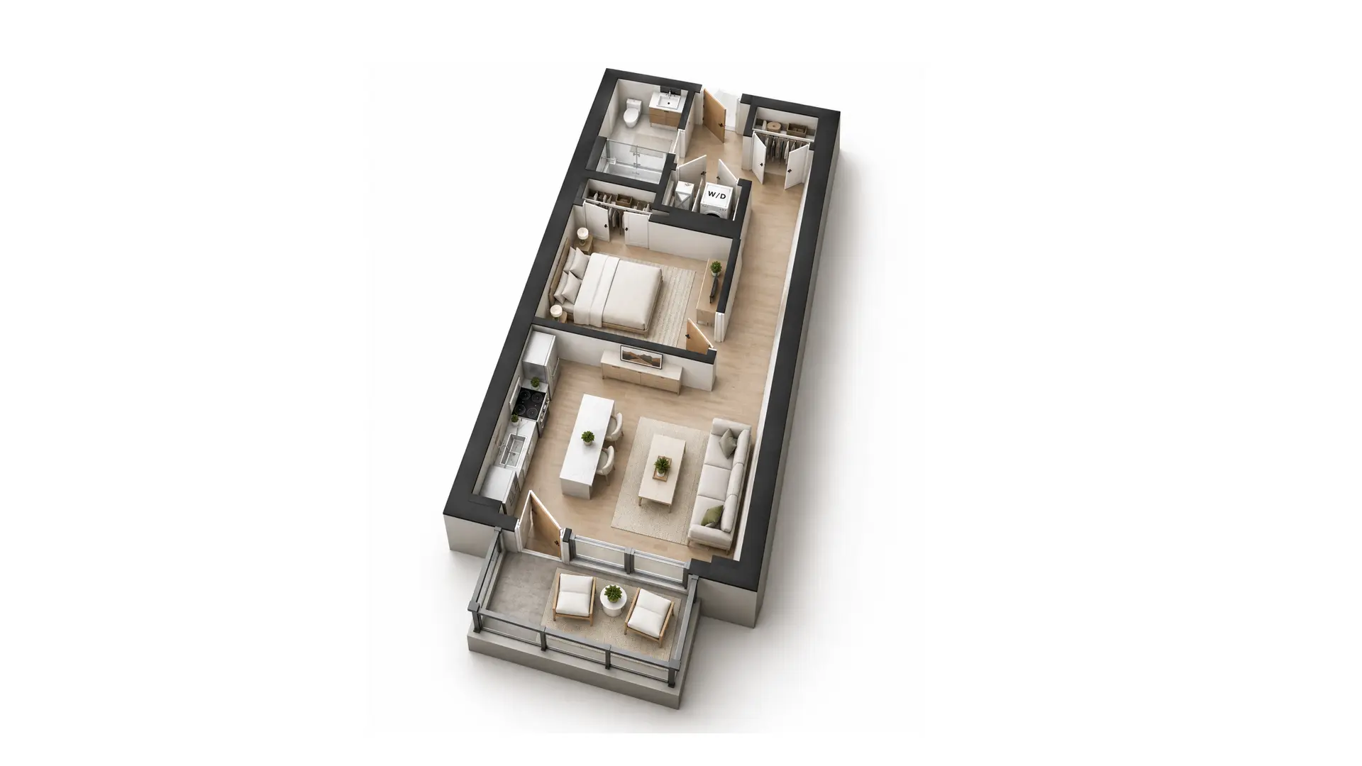 Floor plan of Unit 512, a 672 sq ft one bedroom at 812 W. Adams