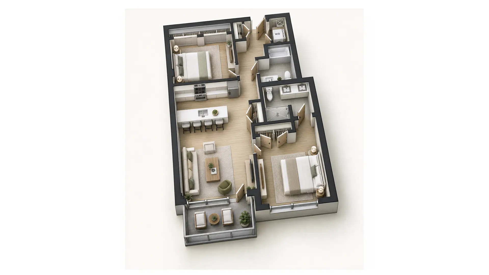 Floor plan of Unit 504, a 1,095 sq ft two bedroom two bath at 812 W. Adams