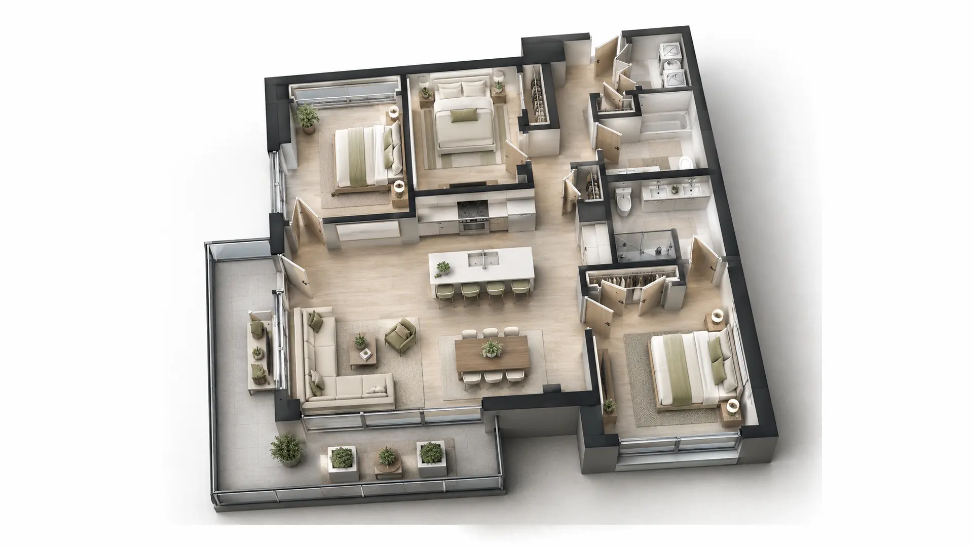Floor plan of Unit 515, a 1,424 sq ft three bedroom two bath at 812 W. Adams