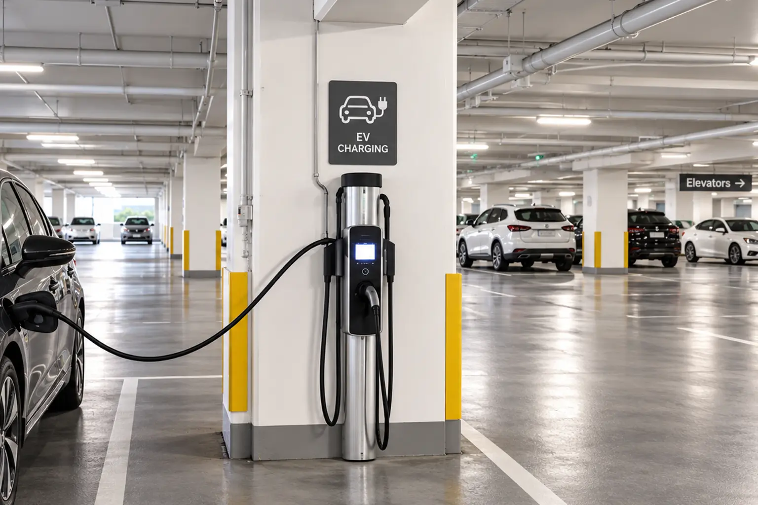 Garage interior, or an EV charger in use