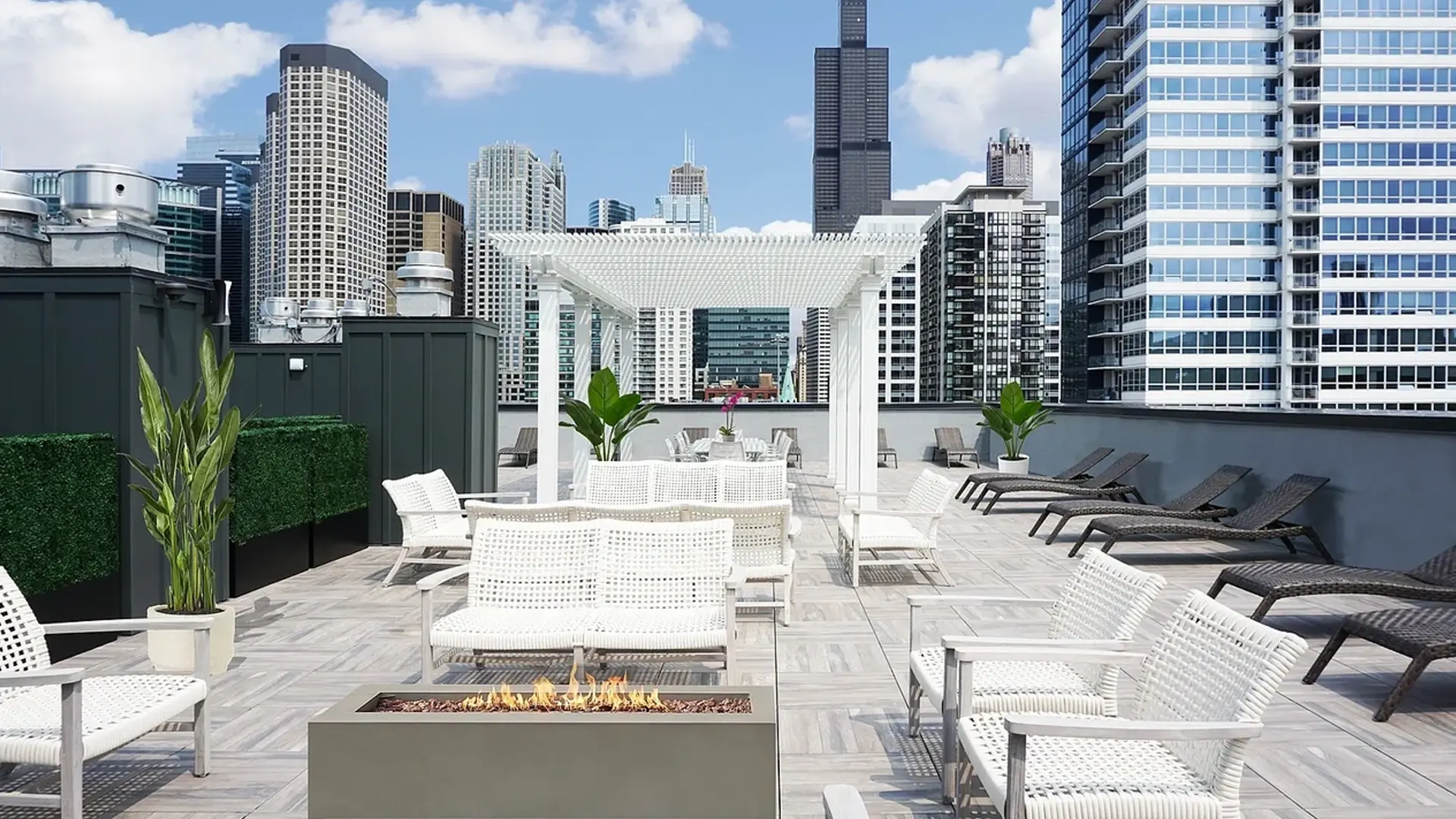 Rooftop deck, skyline behind
