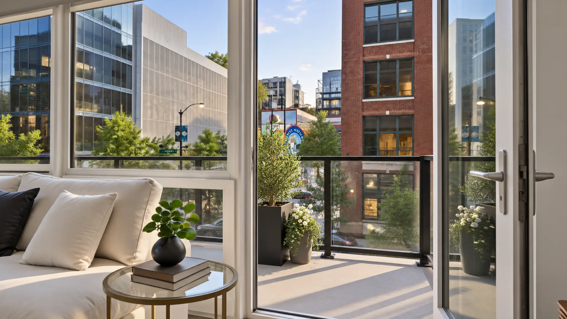 Terrace door open, looking out from inside the apartment